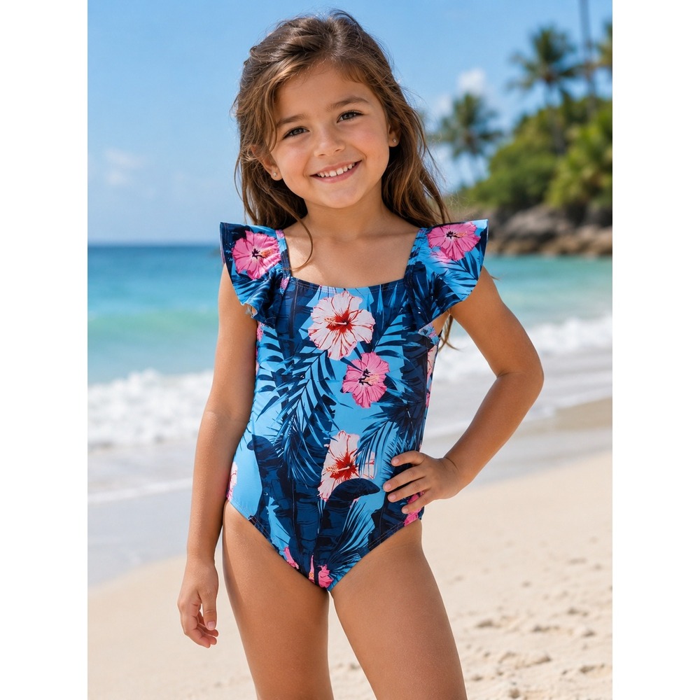 IFFEI Girls Tropical‎ Hibiscus Floral One Piece Swimsuit Blue Pink Ruffle Y6 NWT
